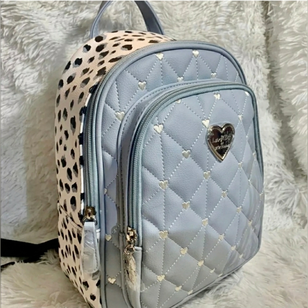 Betsey Johnson Gray Quilted Animal Heart Print Leather Travel Backpack